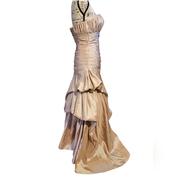 Tiffany Designs Champagne Asymmetrical Ruched Gown - Picture 4 of 13